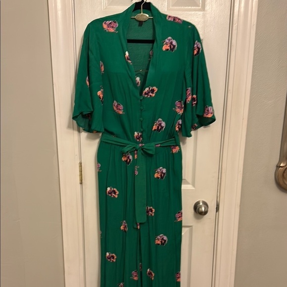 Green Flutter Sleeve Wrap Jumpsuit - Picture 1 of 9